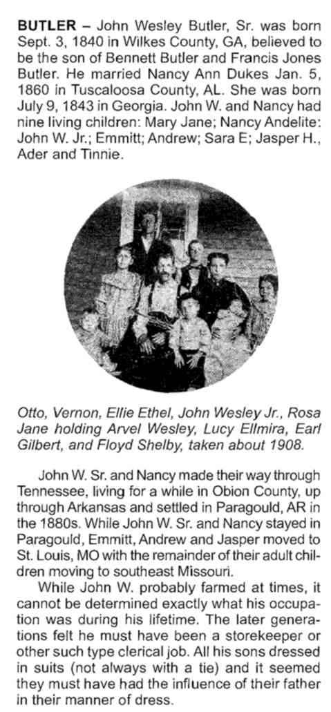 Family of John W. Butler from "History & Families of Greene County, Arkansas"