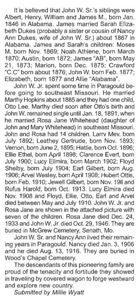 Family of John W. Butler from "History & Families of Greene County, Arkansas"