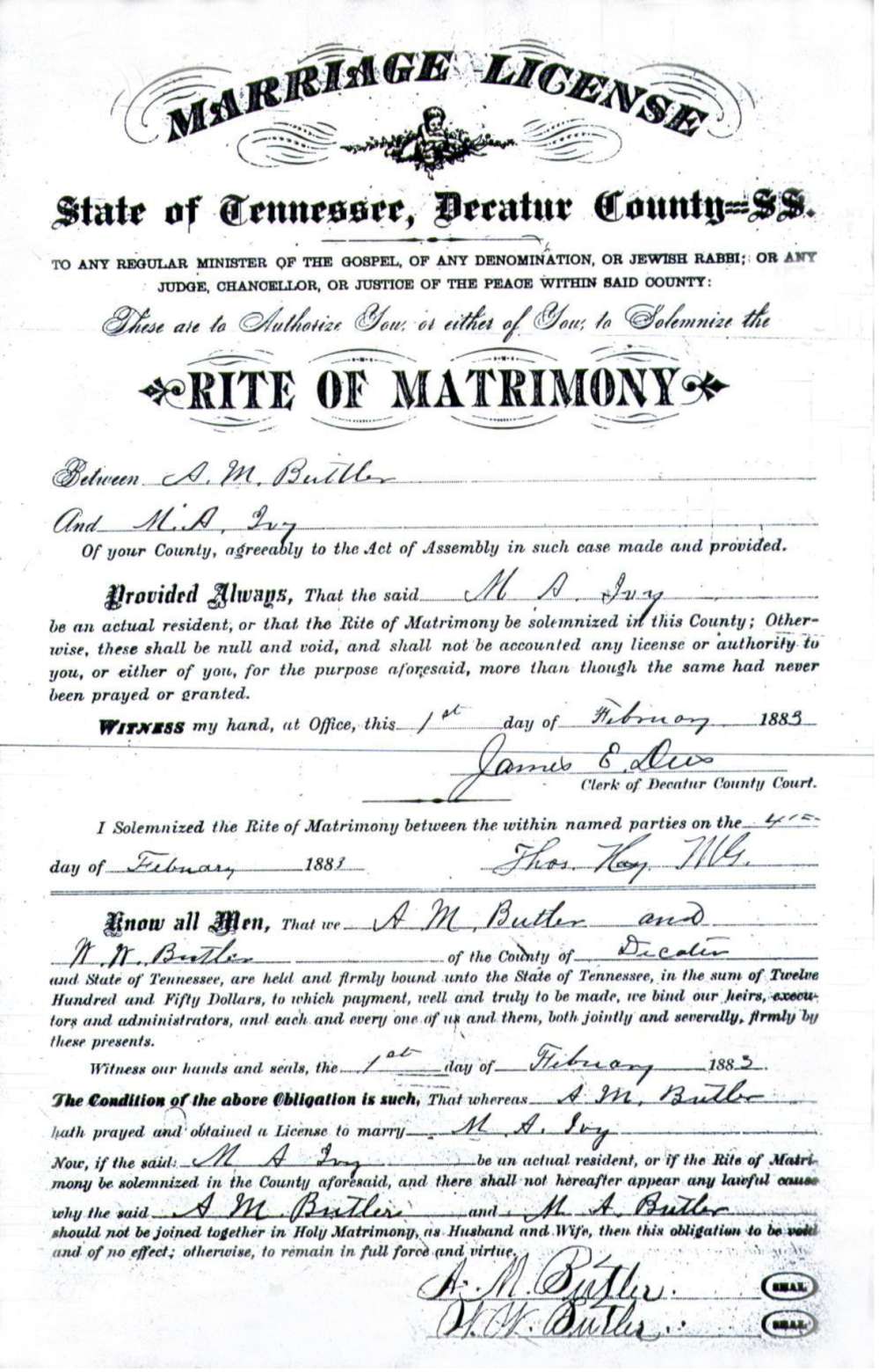 A M Butler Marriage License