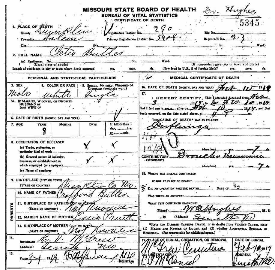 Cletis Butler Death Certificate