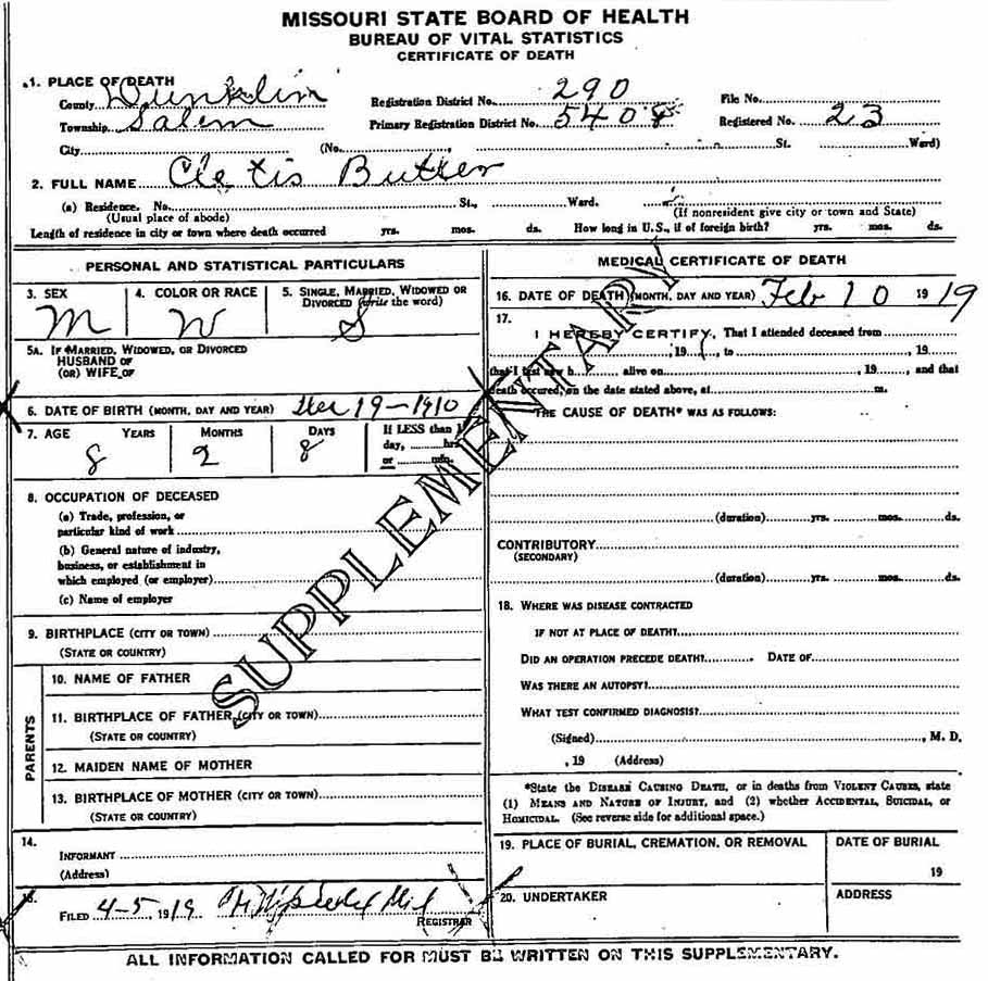 Cletis Butler Death Certificate