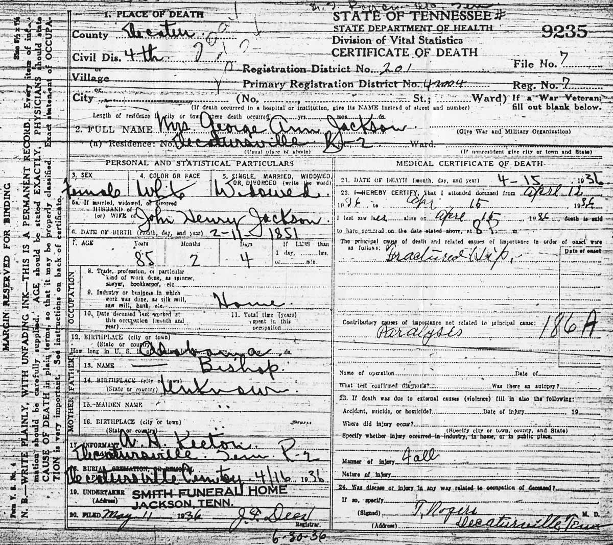 George Anne Bishop Jackson Death Certificate