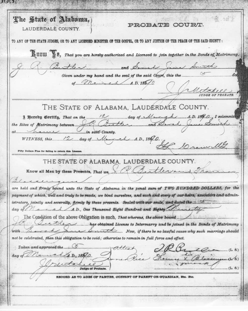 J R Butler Marriage License