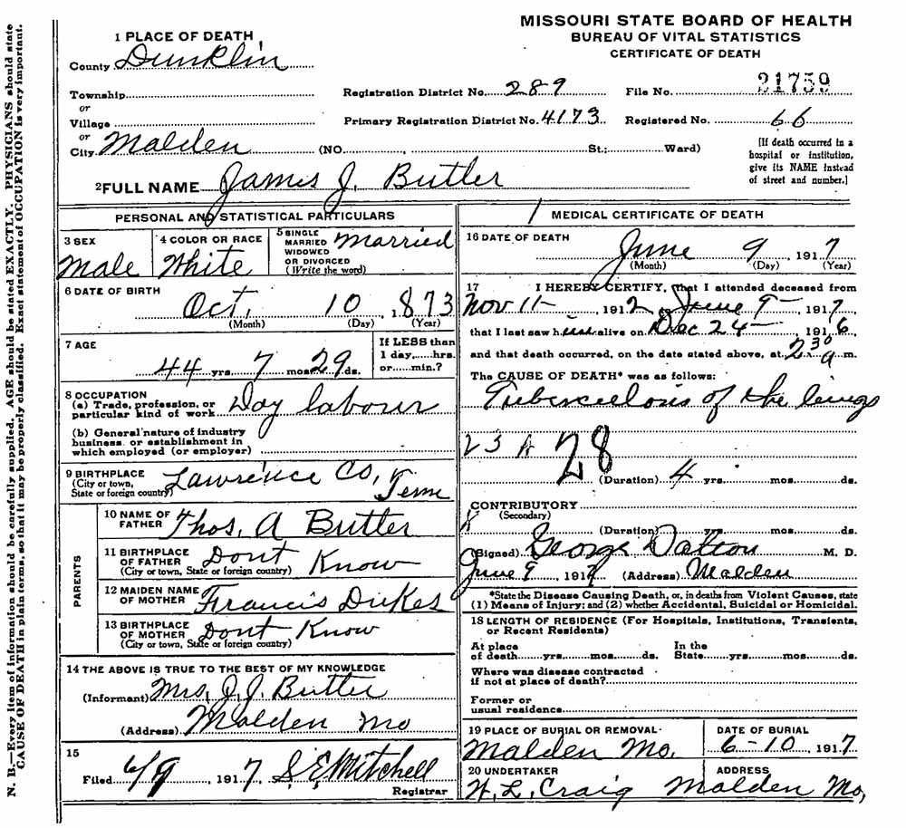 James J. Butler Death Certificate