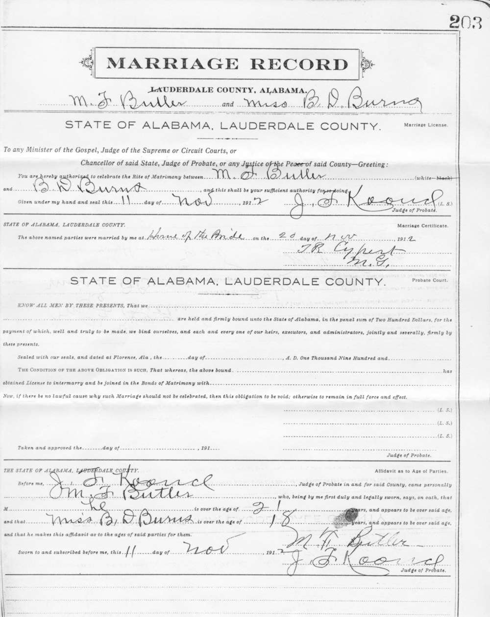 M F Butler marriage license