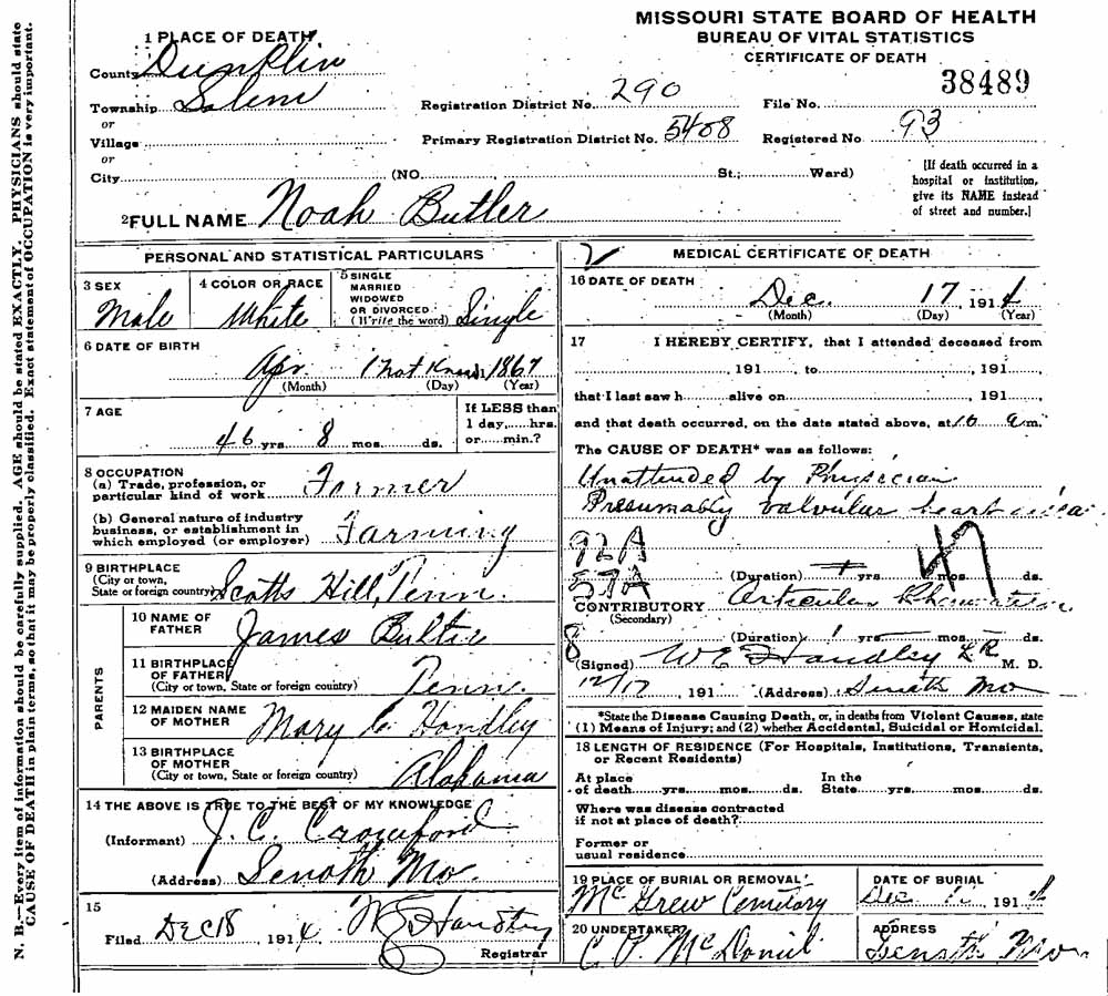 Noah Butler Death Certificate