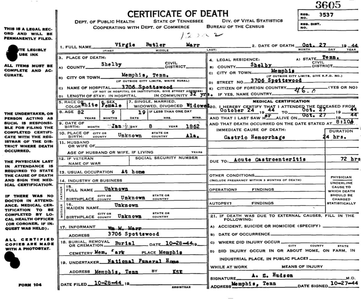 Virgie Marr Death Certificate