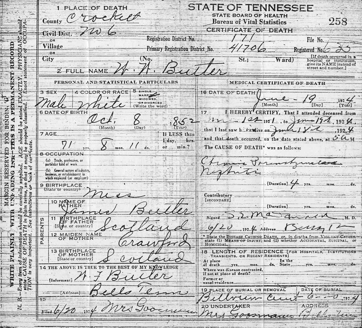 William Ward Butler Death Certificate