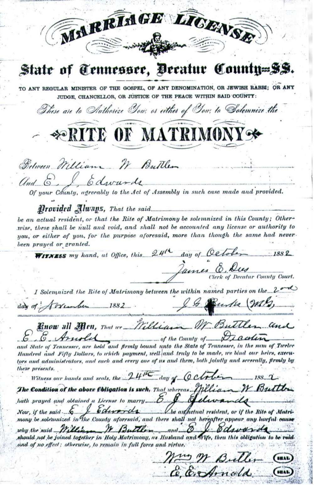 W W Butler marriage license